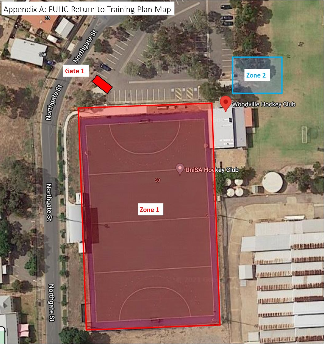 May be an image of outdoors and text that says 'Appendix A: FUHC Return to Training Plan Map 38 St Northgate Gate 1 St Northgate Zone 2 SST Woodville WoileHoClub Hockey 50 UniSA Hoc key Club Northgate St Zone 1 Northgate St'